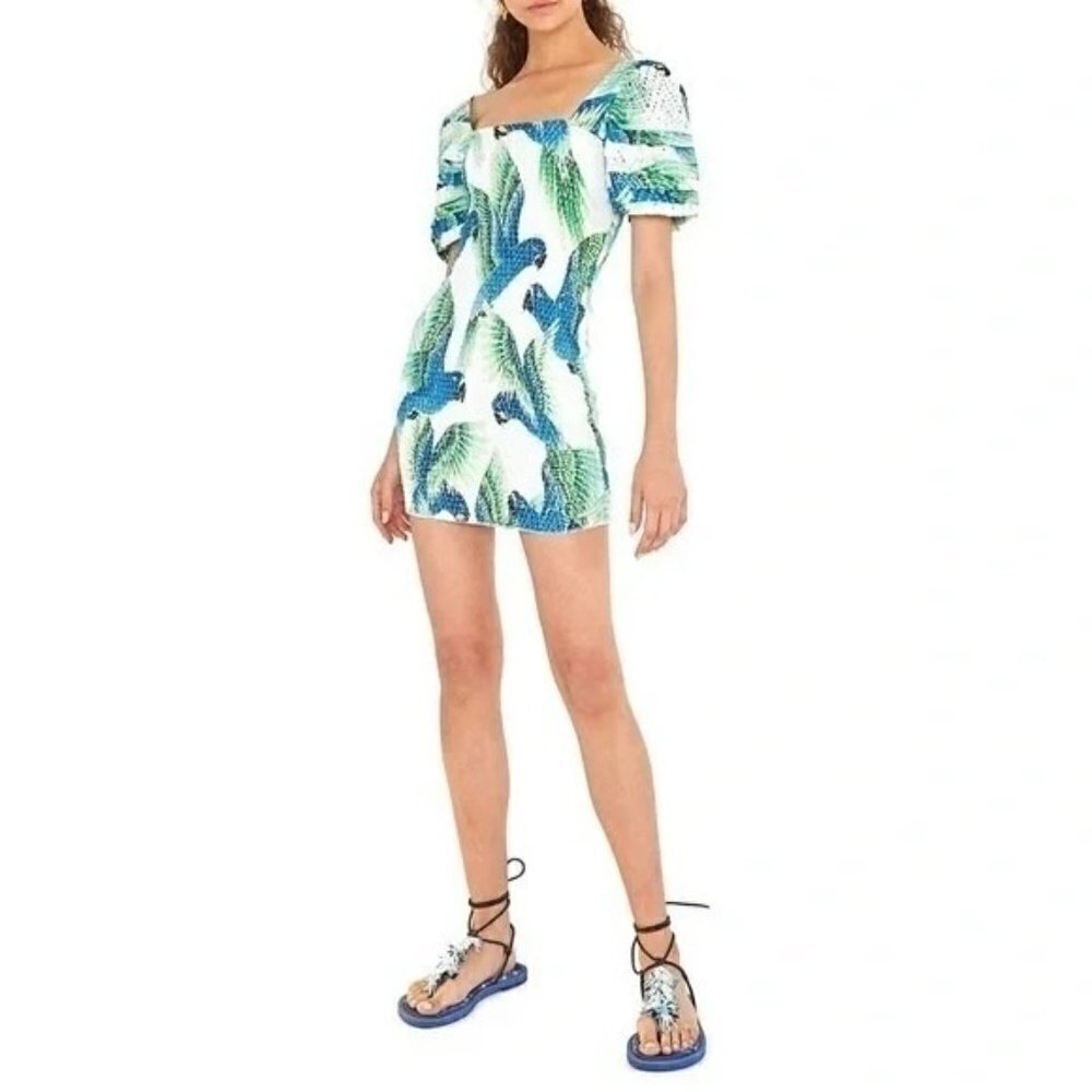 Farm Rio Araras Mini Dress White Blue Parrot Smocked Dress M